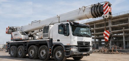 Grue mobile sur porteur routier, flèche relevée