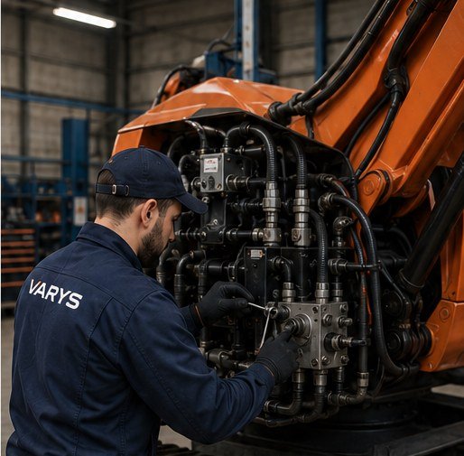 Technicien Varys intervenant sur le circuit hydraulique d’un engin